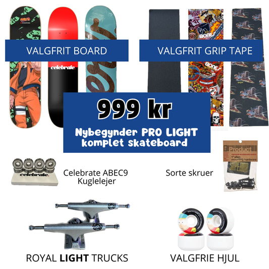 Nybegynder PRO LIGHT komplet skateboard (vælg selv board, hjul og grip tape)