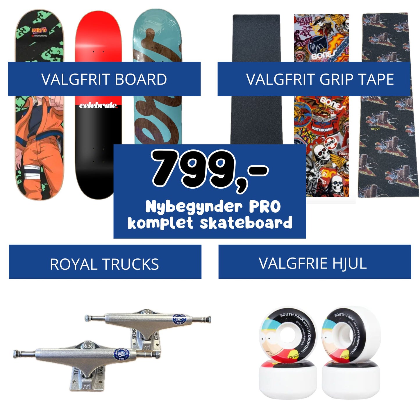 Nybegynder PRO komplet skateboard (vælg selv board, hjul og griptape)